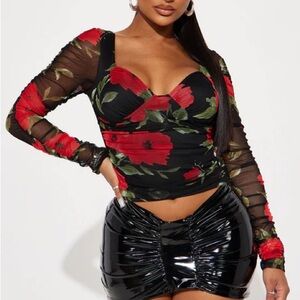 Fashion Nova Adore You Mesh Top Red Combo Floral Sweetheart Neck NWT Size M